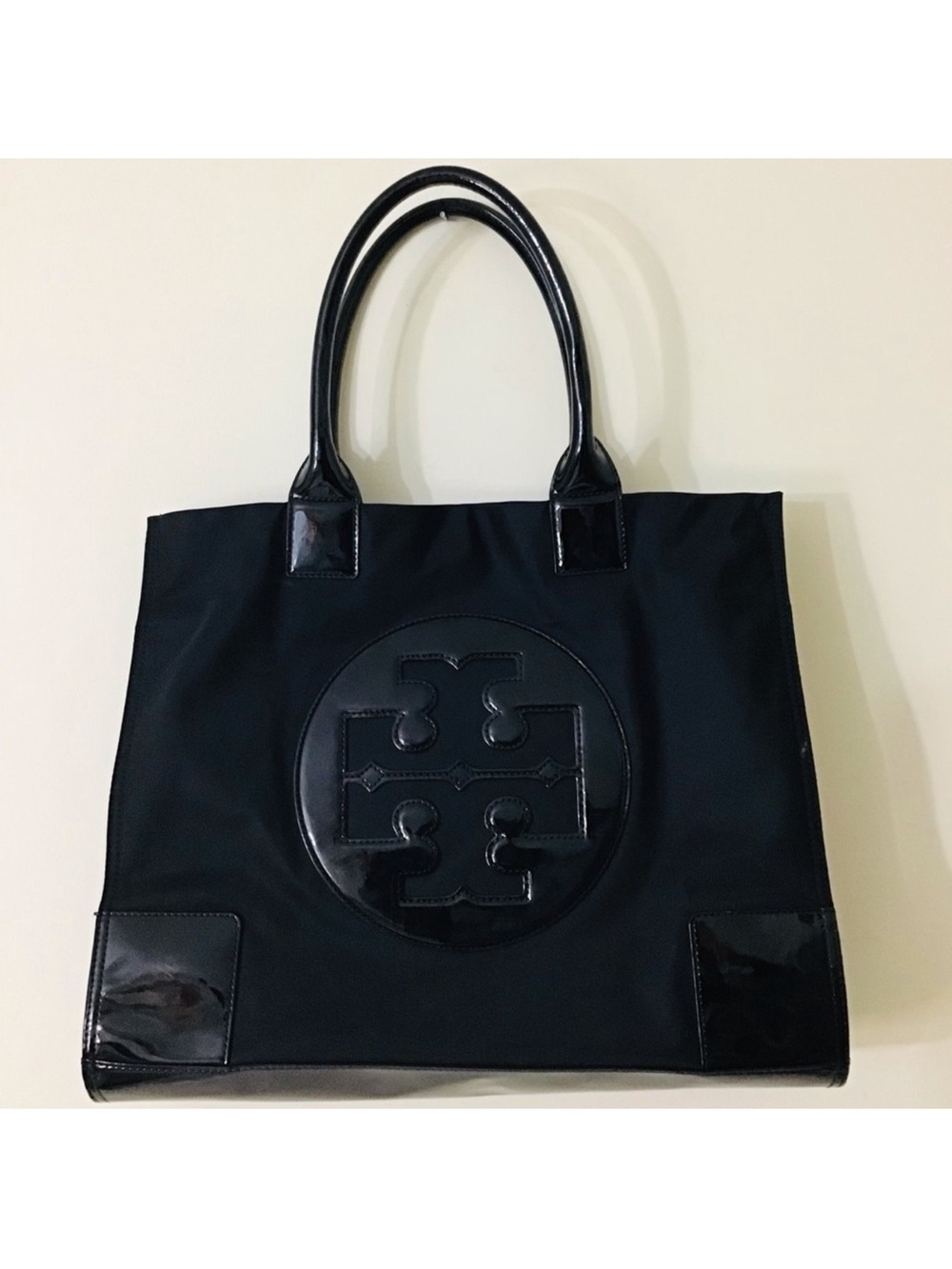 Tory Burch Large Nylon expandable Black Patent Trim Logo Tote